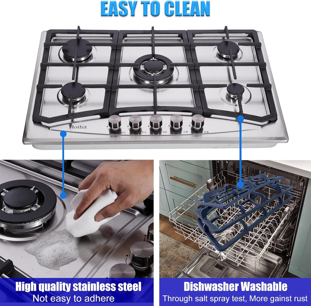 Hothit 5 Burner 30 inch Gas Cooktop, LPG/NG Dual Fuel Built-in Electronic Ignition Propane Stove Top with Pressure Regulator, Stainless Steel Gas Hob for Kitchen, Apartment, Outdoor(AHT30IN30S)