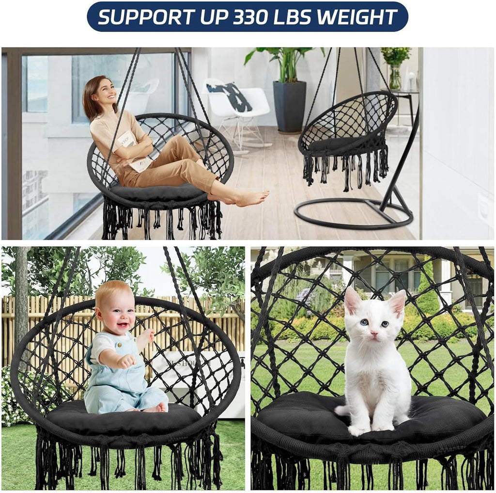 Hammock Chair, 330Lbs Swing Chair for Bedroom, Swing Chair with Comfy Cushion, Hanging Chair, for Bedroom, Porch, Adults, Balcony (Blcak 2PCS)
