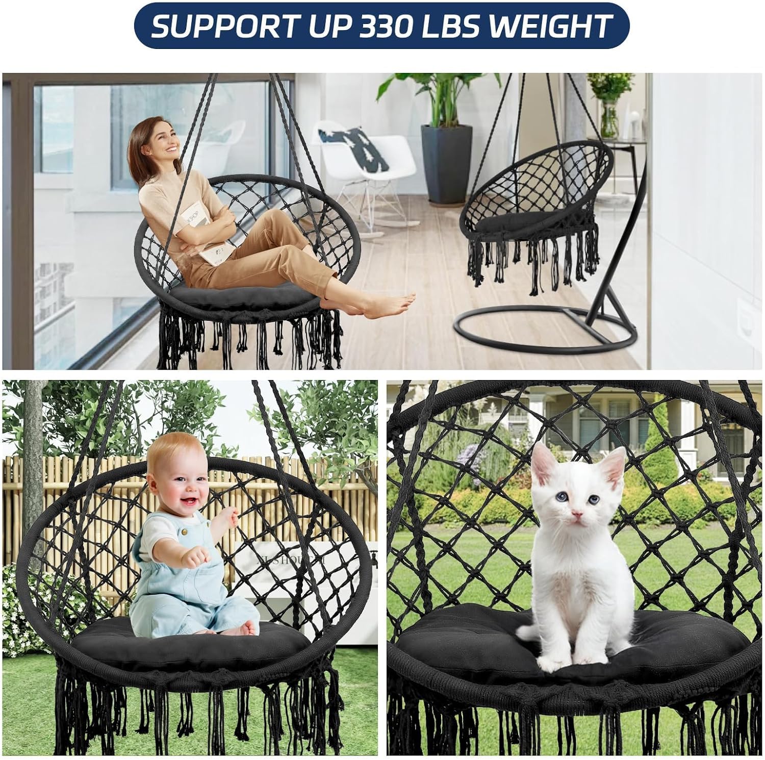 Hammock Chair, 330Lbs Swing Chair for Bedroom, Swing Chair with Comfy Cushion, Hanging Chair, for Bedroom, Porch, Adults, Balcony (Blcak 2PCS)