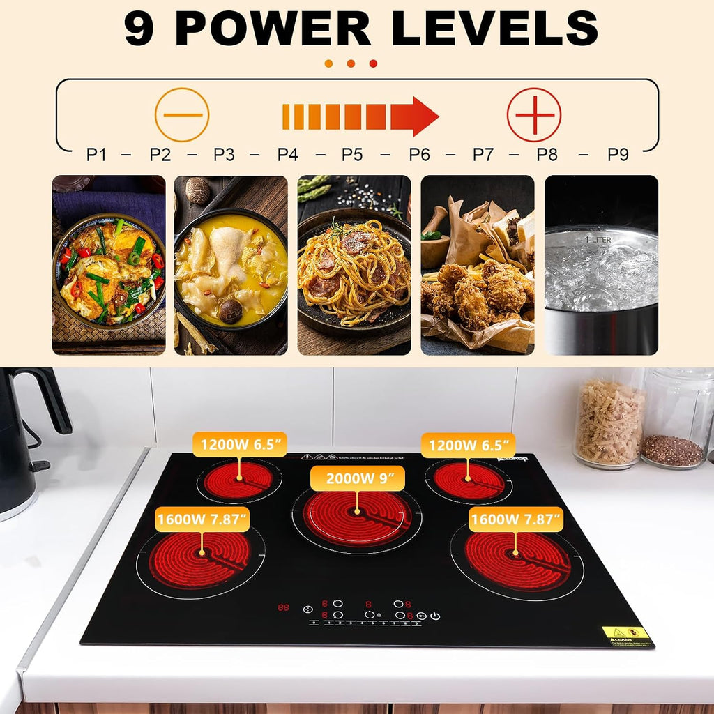 Winado 5 Burners Electric Ceramic Cooktop 30 inch, 220-240V Flat Top Stove, Multi-function Elecric Stove Top w/9 Heating Level, Kid Safety Lock, Sensor Touch Control, Timer Setting 7600W, No Plug