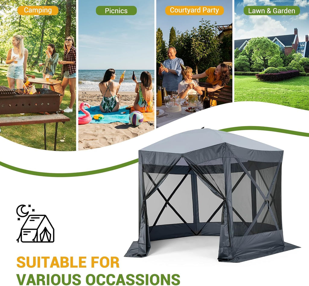 Hipicute Pop Up Gazebo,10 X 10 Ft Portable Outdoor Camping Pop Up Canopy Screen Tent with Mosquito Netting Gazebo,Waterproof 6 Sidewalls,Ground Stakes,Carry Bag for Lawn, Garden, Backyard (Gray)