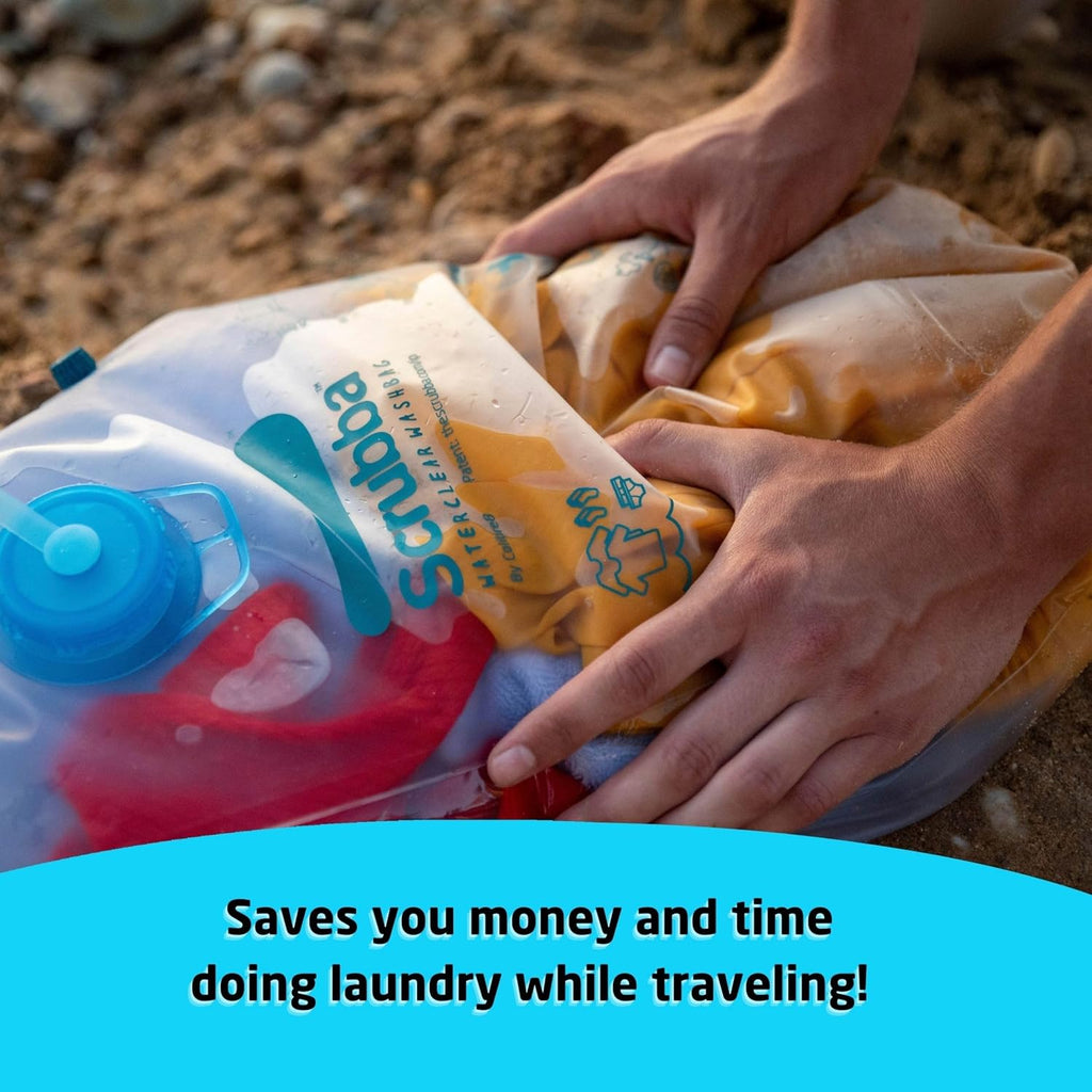 Scrubba WATERCLEAR Wash Bag & Dry Kit - Portable Washing Machine System with XL Towel, Pegless Line & Hangers - Lightweight Laundry Essentials for Camping, Hiking, Hostels & Hotels - Easy-Rinse Inlet