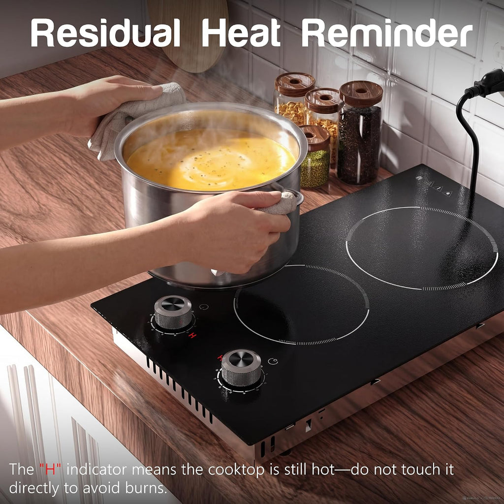 2 Burner Electric Cooktop 110V Karienvir, Plug in Electric Stove Top Burner 2000W, Cooktop Knob Controls, 12 Inch Countertop & Built-In Portable Kitchen Cooktop, 9 Power Levels, Residual Heat Warnings