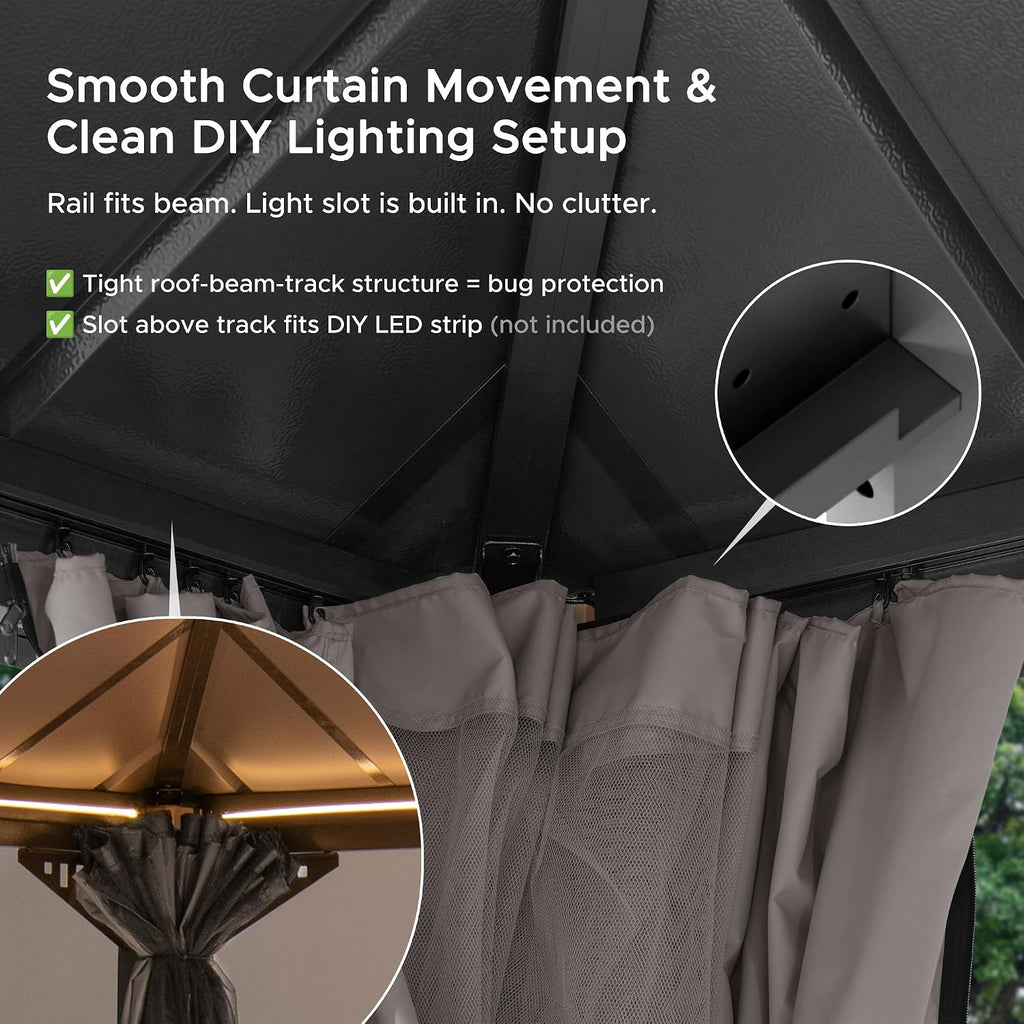 SUNJOY Kingston 12' x 12' Hardtop Wood Gazebo with Galvanized Steel Double Roof, Curtain and Netting, Cedar Posts Permanent Pavilion Gazebo for Garden, Patio, Deck, Lawn