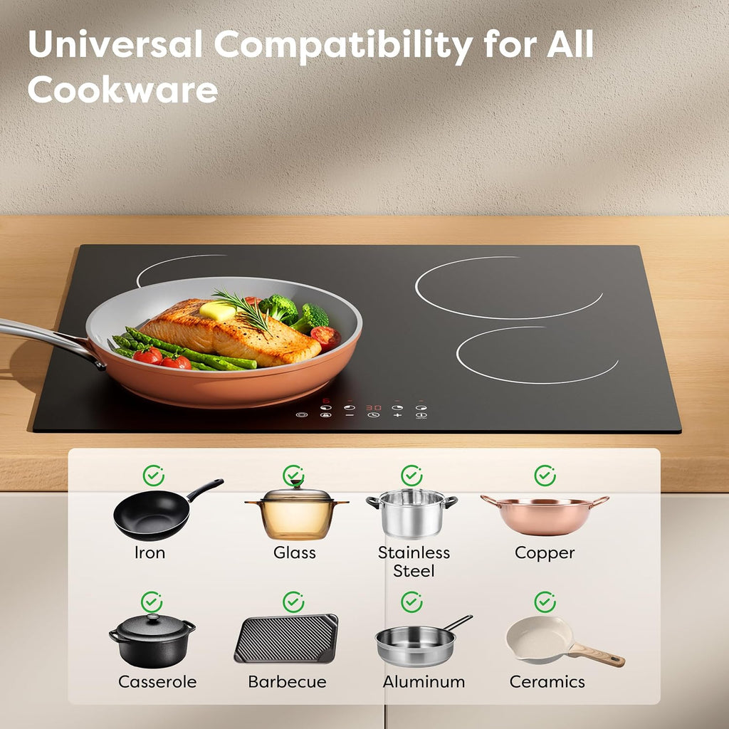 CDV Electric Cooktop 4 Burner 24 Inch, 6400W Built-in Ceramic Electric Stove Top, 220-240v Radiant Cooktop with 9 Heat Levels, 99min Individual Timer, Child Lock & Multiple Safety Protection (No Plug)