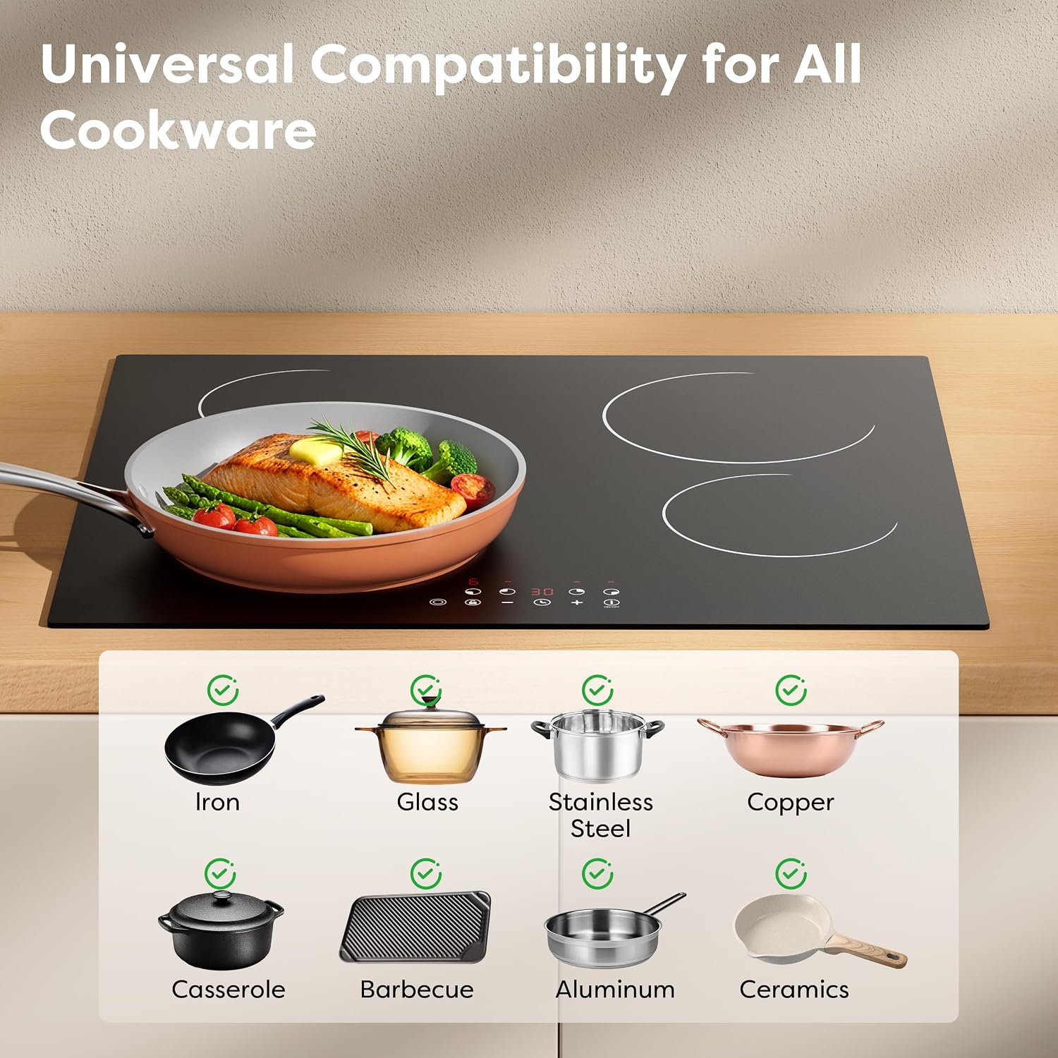 CDV Electric Cooktop 4 Burner 24 Inch, 6400W Built-in Ceramic Electric Stove Top, 220-240v Radiant Cooktop with 9 Heat Levels, 99min Individual Timer, Child Lock & Multiple Safety Protection (No Plug)