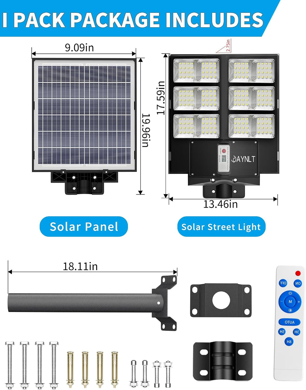 JAYNLT Y-2000W Solar Street Light, 200000LM 6500K Solar Flood Lights Outdoor Dusk to Dawn, 6500K IP67 Waterproof Parking lot Light Outdoor with Motion Sensor and Remote Control for Garage, Road