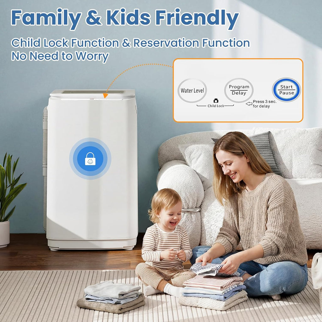 VCJ 17Lbs Portable Washing Machine, Full-Automatic Top Load Washer with 10 Wash Cycles, 3 Water Levels & LED Display, Compact Electric Laundry Washer for Apartment, Dorms, RVs and Camping