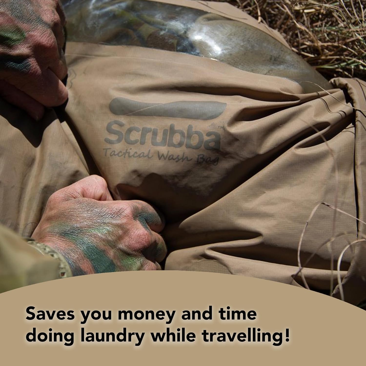 Scrubba Tactical Wash Bag & Dry Kit - Portable Washing Machine System with XL Towel, Pegless Clothesline & Hangers - Lightweight Travel Essentials Laundry Kit for Camping, Hiking, RV, Hotels