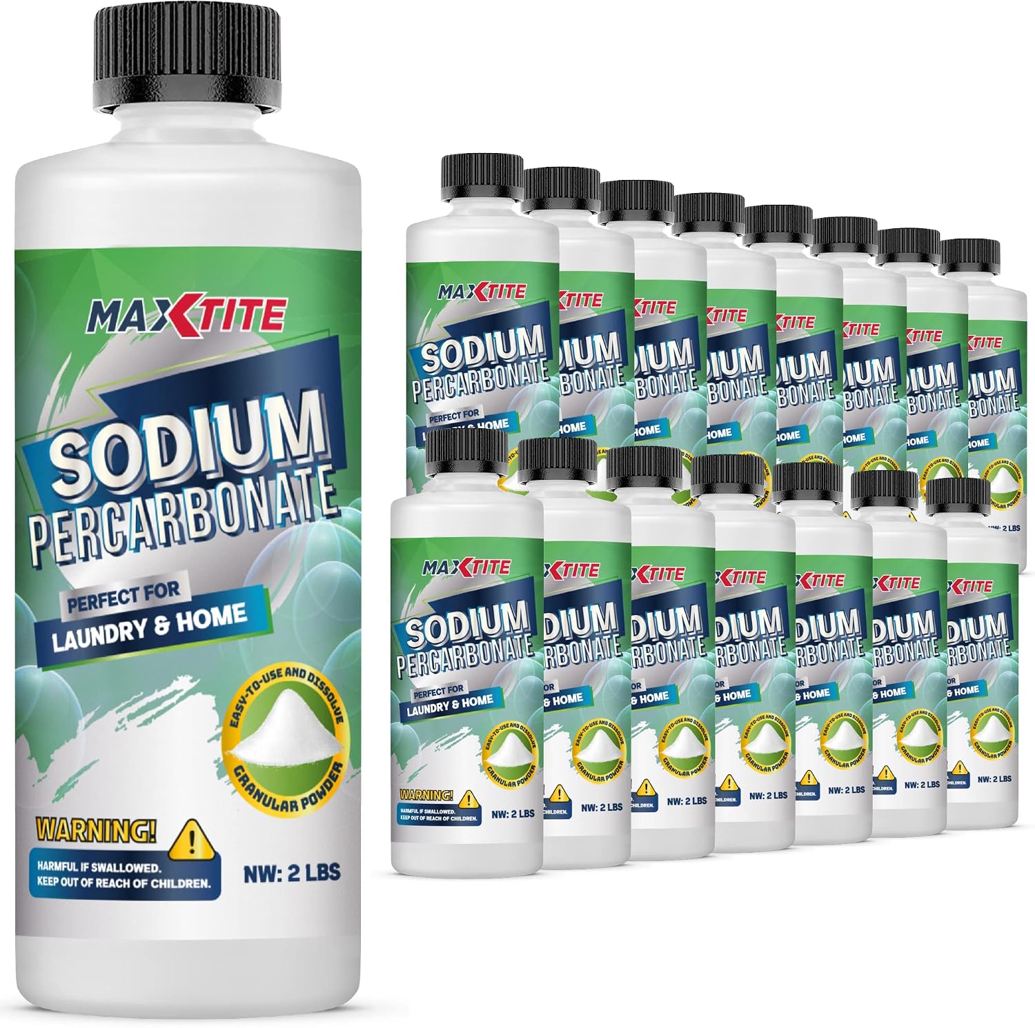 MAXTITE Sodium Percarbonate (32 lbs total - 16 pack of 2 lbs bottles) - 100% Pure Solid Hydrogen Peroxide/Oxygen Bleach - Home & Laundry Multi-Use Cleaner - HDPE w/Resealable Child Resistant Cap