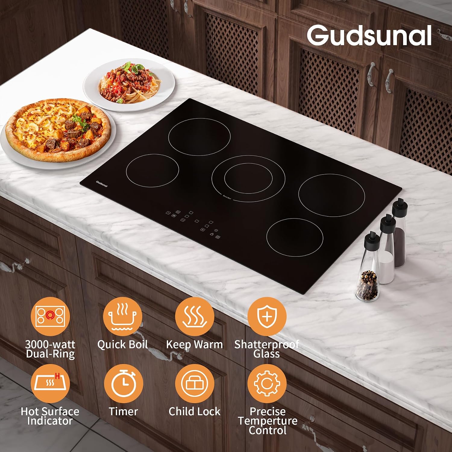 30 Inch Electric Cooktop 5 Burners,3000 Watt Dual-Ring Burner for Quick Boil,Shatterproof Glass, Keep Warm Setting, 9 Heating Level,9000W, Drop-in Electric Stove Top,Gray