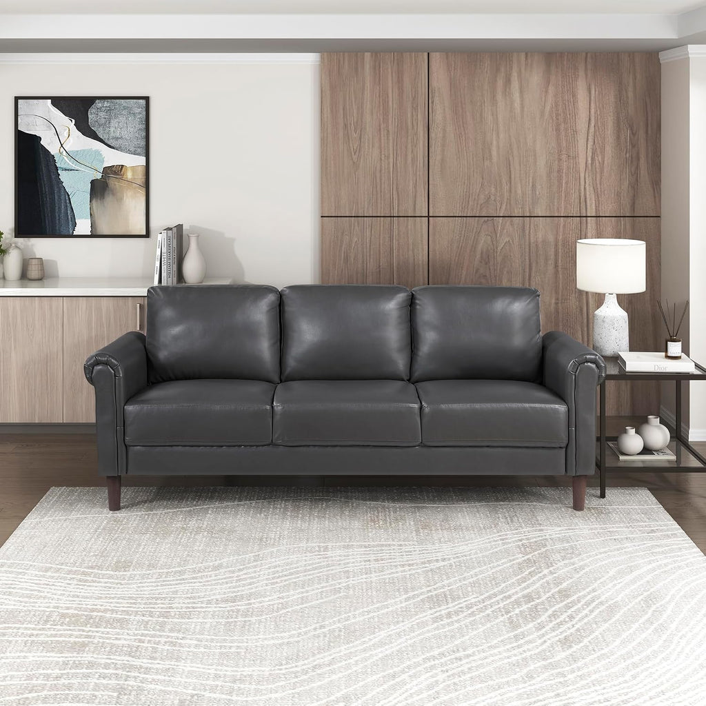 Lexicon 79' W Sofa Couch, Faux Leather Upholstered 3-Seater with Rolled Arms & Wood-Look Feet, Pocket Coil Support, Traditional Living Room, Office or Waiting Room Seating - Dark Gray