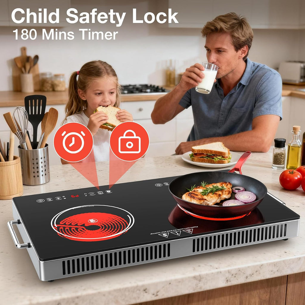 2 Burner Electric Cooktop 110V, 4000W Portable Electric Stove Infrared Hot Plate, 24 inch Countertop Burners with Handle, 3-Hours Timing Setting & Kid Safety Lock, Compatible for All Cookwares