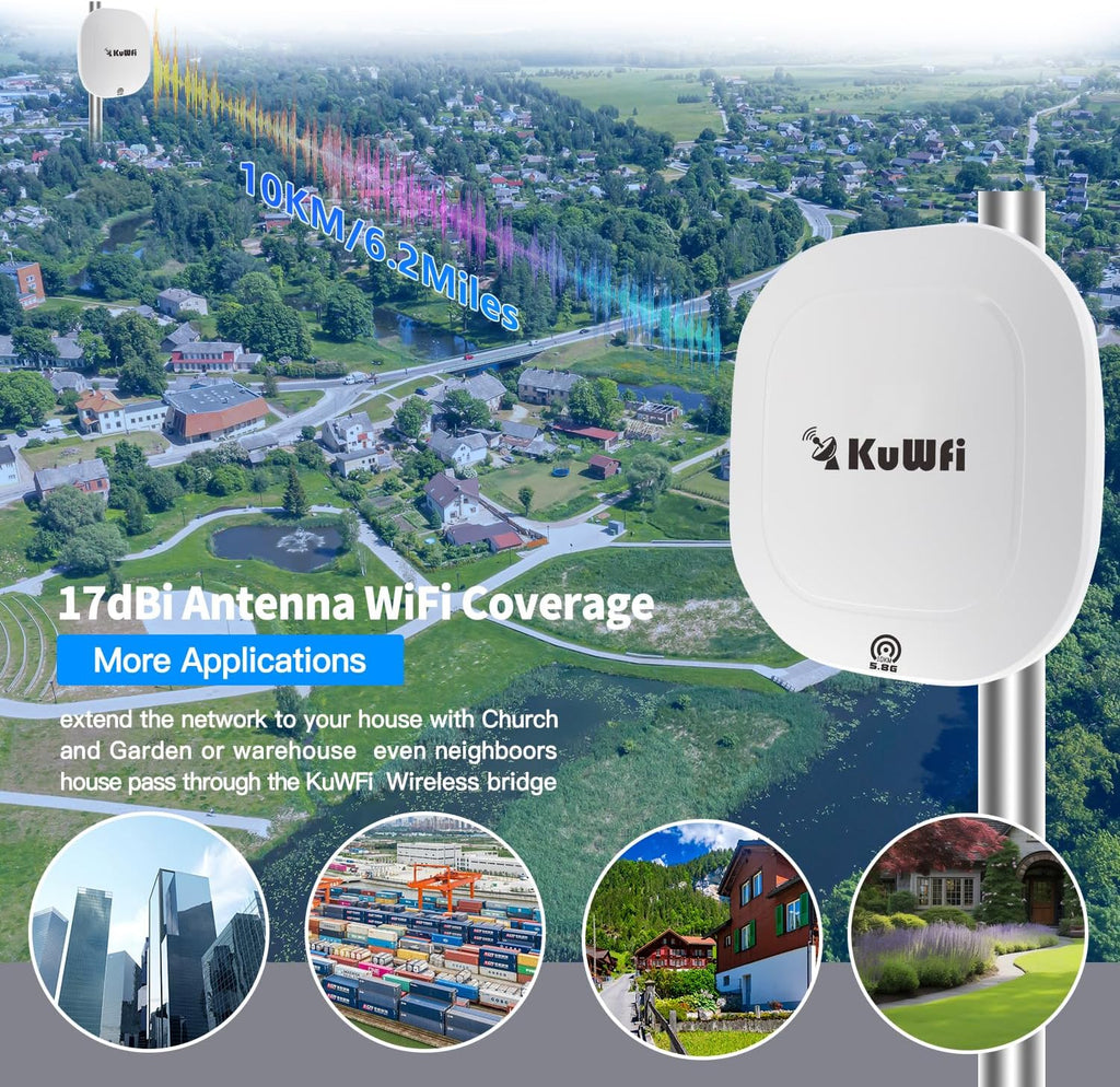 KuWFi 5.8G Gigabit Point to Point WiFi Bridge Kit,TDMA 10KM Long Range Outdoor Point to Point Wireless Bridge CPE, Extending WiFi to outbuildings，Support Starlink Router/Camera