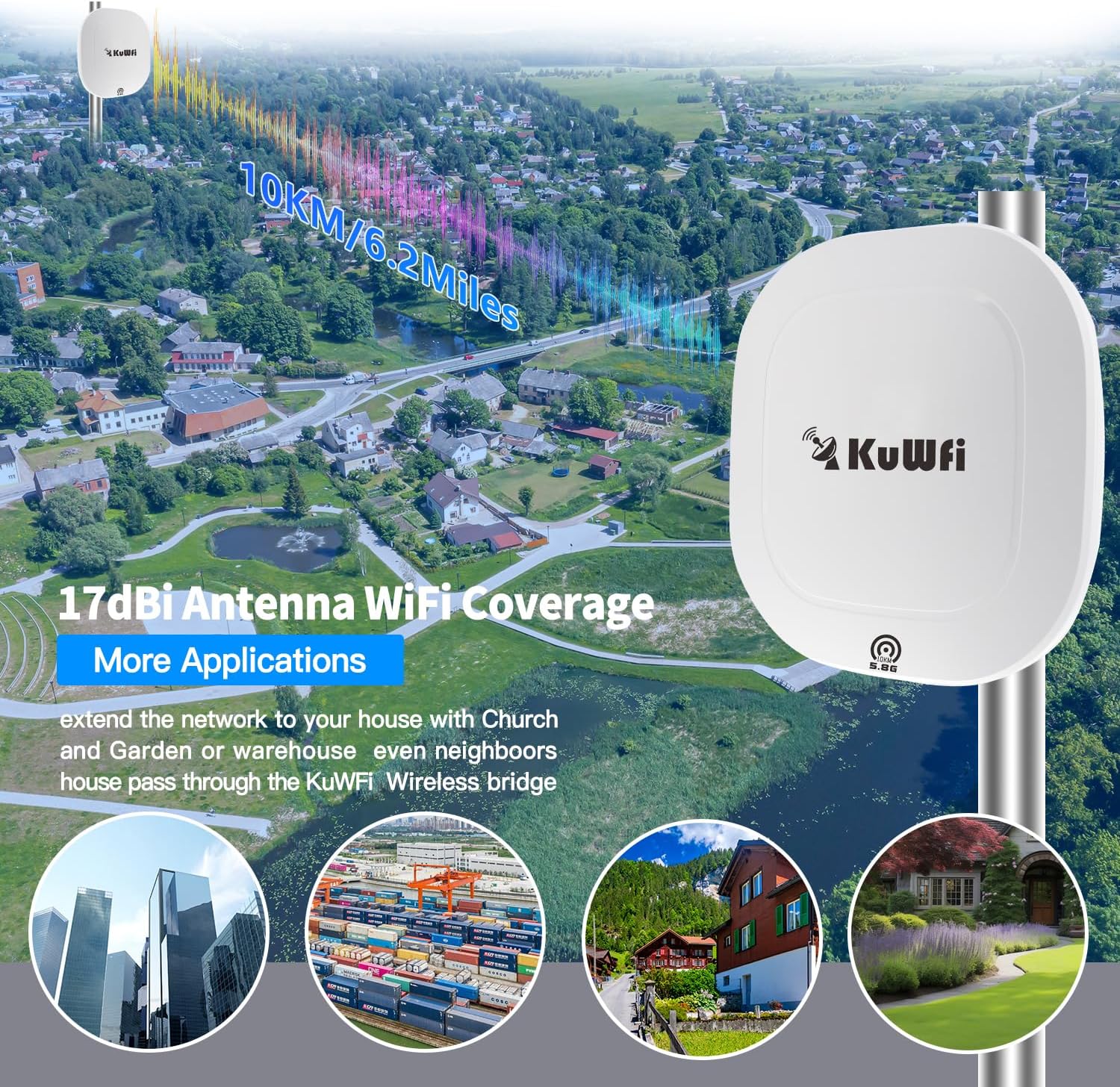 KuWFi 5.8G Gigabit Point to Point WiFi Bridge Kit,TDMA 10KM Long Range Outdoor Point to Point Wireless Bridge CPE, Extending WiFi to outbuildings，Support Starlink Router/Camera