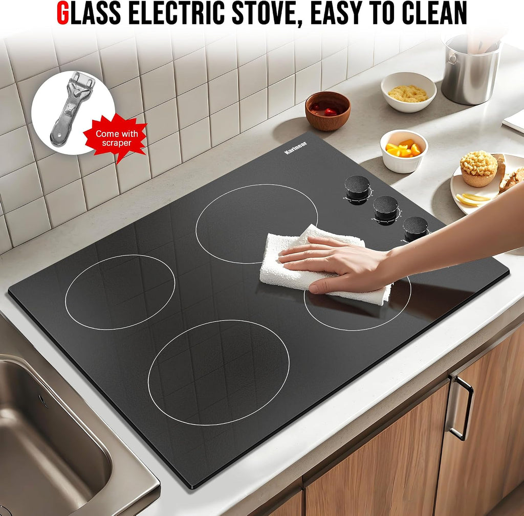 Karinear 4 Burner Electric Cooktop 24 Inch, Built-in Stove Top, 220-240v Radiant Cooktop with Knob Control, Residual Heat Indicator, Over-Temperature Protection, Hard Wire, Black Knob