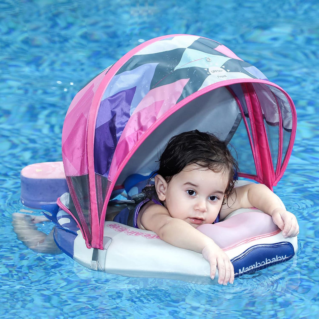 Mambobaby Float Upgrade Add Tail Baby Float with Canopy for Infant Waist Swimming Ring Swim Trainer Non-Inflatable Floats Toys with Adjustable Safety Strap (Yellow - Colorful Fish)