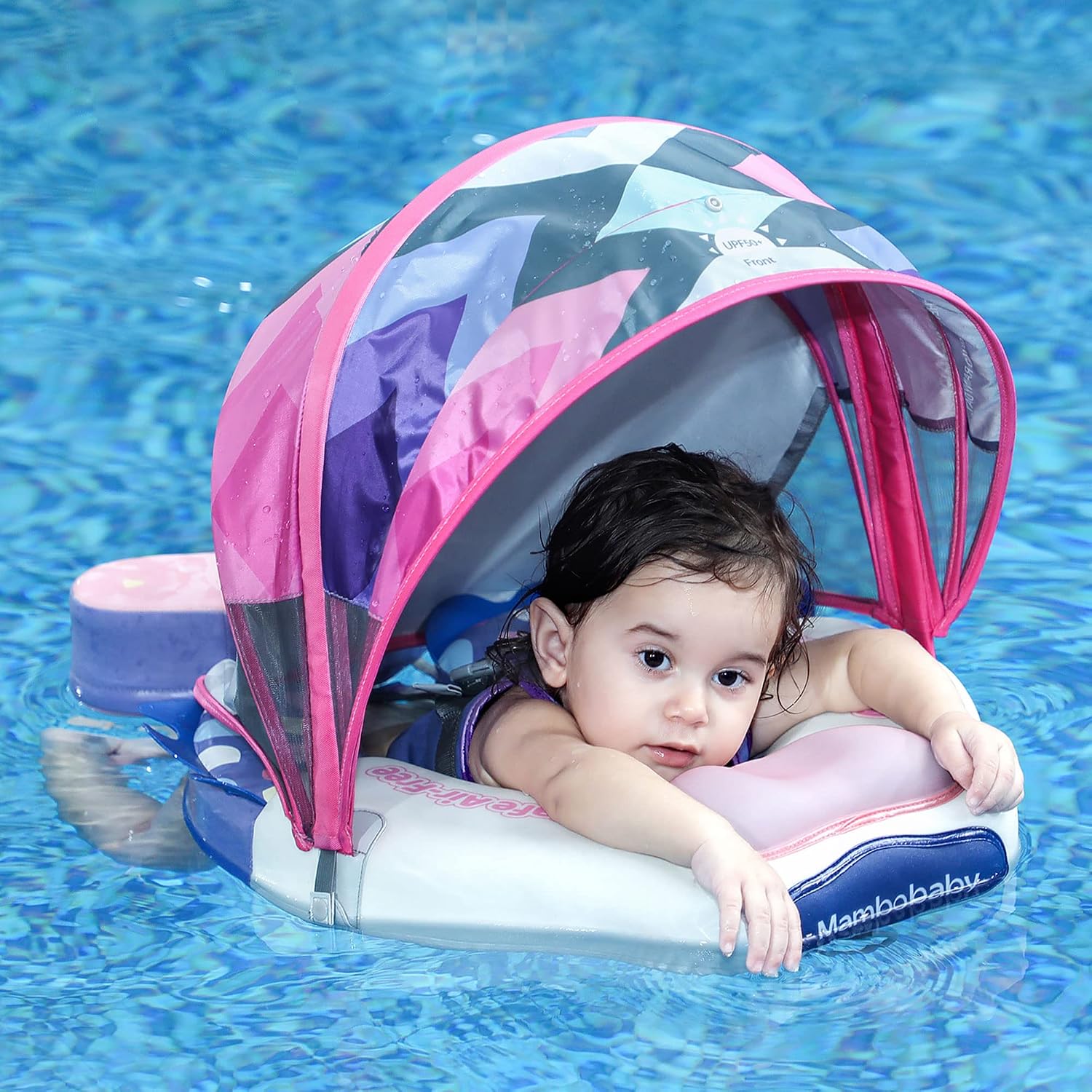 Mambobaby Float Upgrade Add Tail Baby Float with Canopy for Infant Waist Swimming Ring Swim Trainer Non-Inflatable Floats Toys with Adjustable Safety Strap (Yellow - Colorful Fish)