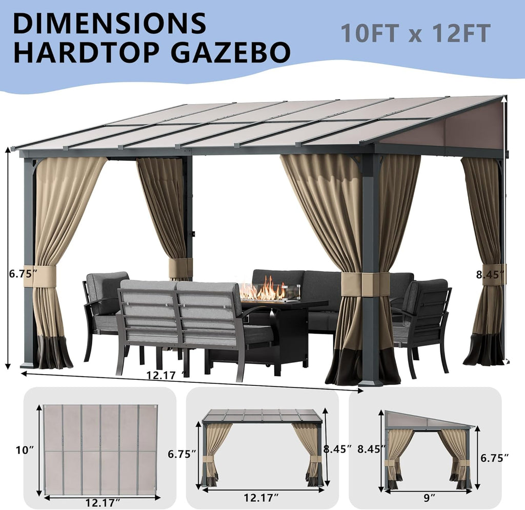 10x12FT Gazebo, Hardtop Wall Mounted Gazebo with Sloping Sun Panel Roof, Awnings for Patio with Metal Frame, Double Curtains for Garden, Lawn, Backyard Deck, Sand
