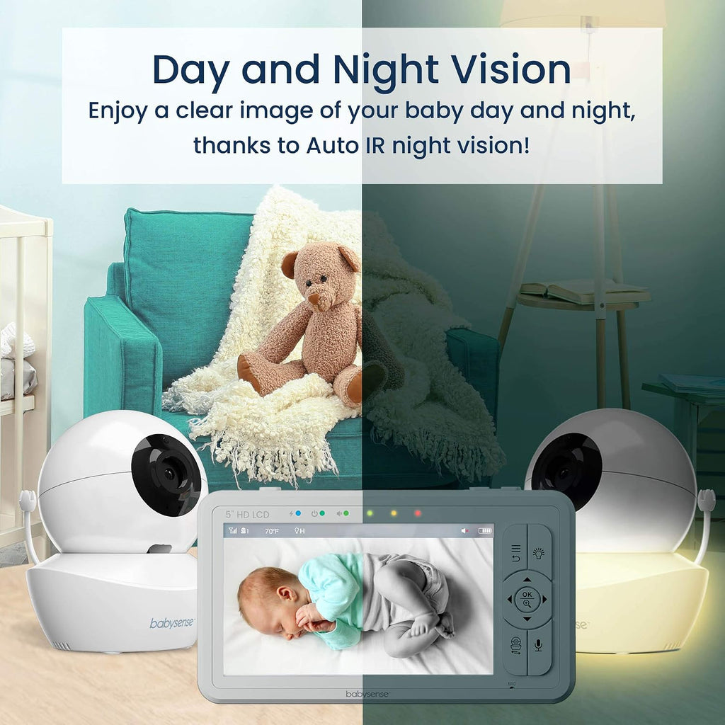 Babysense 5' HD Split-Screen Baby Monitor, Video Baby Monitor with 2 Cameras and Audio, Night Light, 1000ft Range, Two-Way Audio, 4X Zoom, Night Vision, 4000mAh Battery