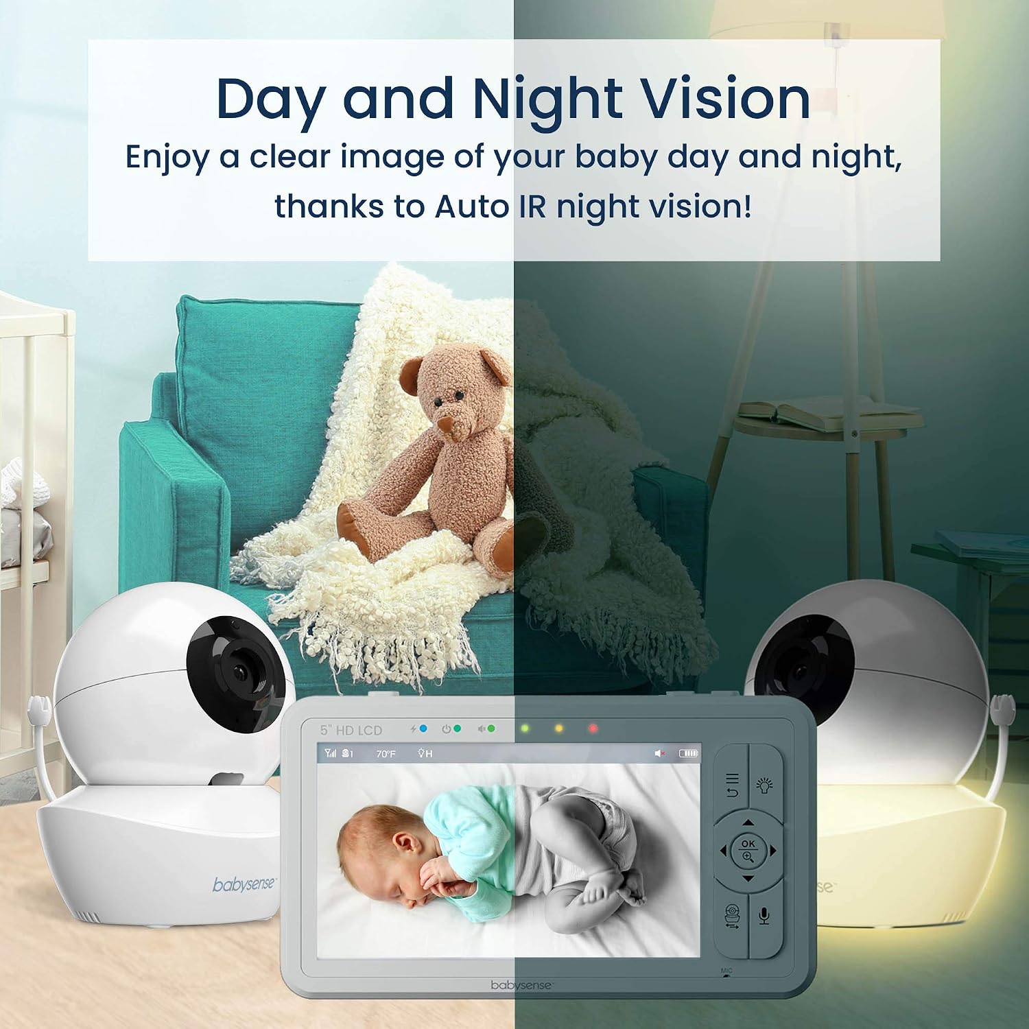 Babysense 5' HD Split-Screen Baby Monitor, Video Baby Monitor with 2 Cameras and Audio, Night Light, 1000ft Range, Two-Way Audio, 4X Zoom, Night Vision, 4000mAh Battery