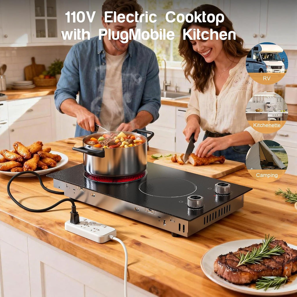 2 Burner Electric Cooktop 110V Karienvir, Plug in Electric Stove Top Burner 2000W, Cooktop Knob Controls, 12 Inch Countertop & Built-In Portable Kitchen Cooktop, 9 Power Levels, Residual Heat Warnings