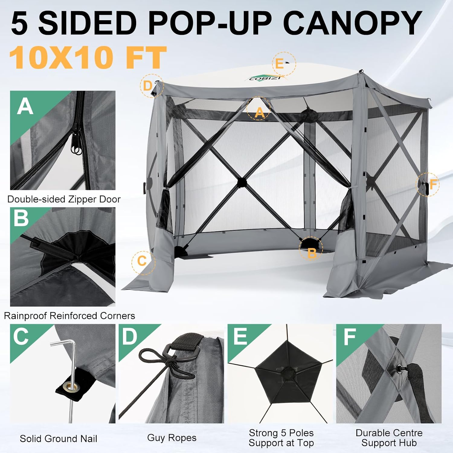 COBIZI 10x10 FT Pop up Gazebo, Popup Canopy Tent, Screened in Gazebos, Waterproof Portable Outdoor Small Screen Tents Sun Shelter,carpas para Patio for Camping, Garden and Backyard,Grey