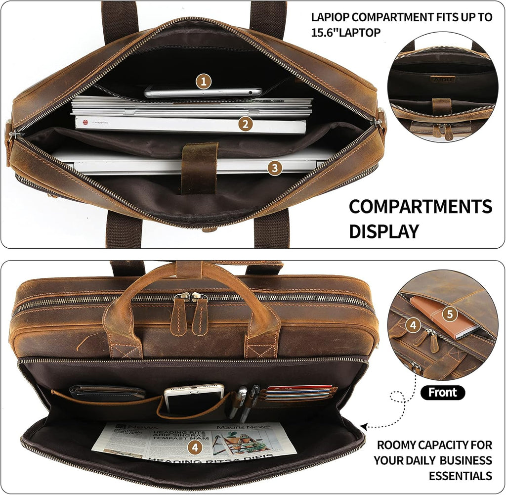 Jack&Chris Full Grain Leather Briefcase for Men, Business Messenger Bag Laptop Bag Attache Case, Fits 15.6 Inch Laptop