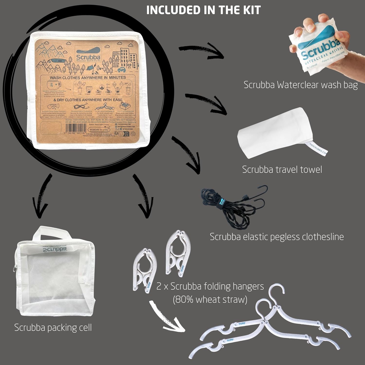 Scrubba WATERCLEAR Wash Bag & Dry Kit - Portable Washing Machine System with XL Towel, Pegless Line & Hangers - Lightweight Laundry Essentials for Camping, Hiking, Hostels & Hotels - Easy-Rinse Inlet