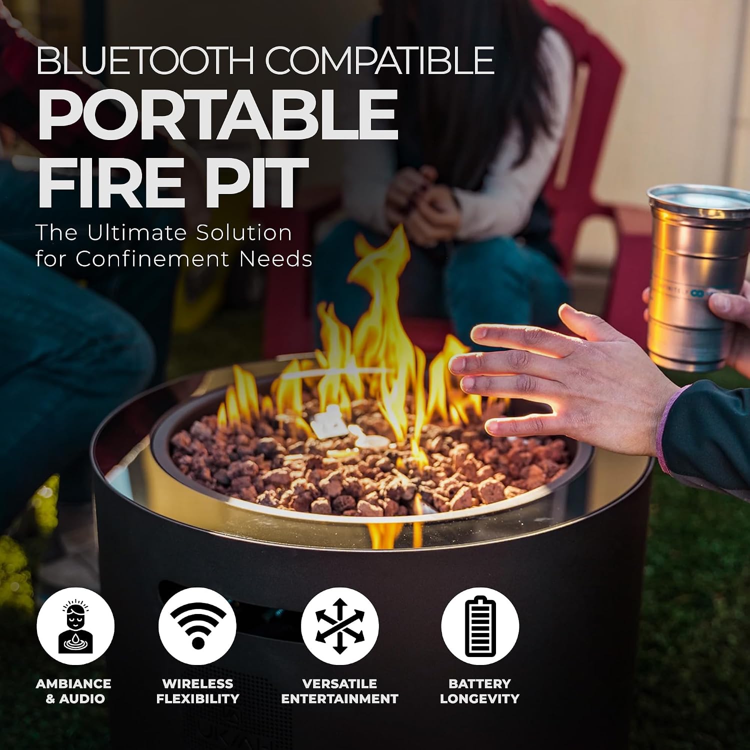 Ukiah Co. Voyager II Rechargeable Wireless Bluetooth 4 Mode Tabletop Propane Fire Pit Speaker Sound System with Lava Rocks and Cover, Black