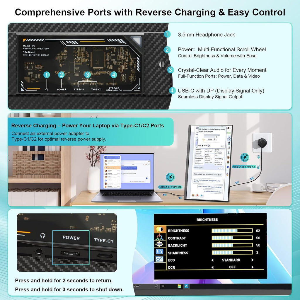 Laptop Screen Extender 15.6', 120% sRGB 1080P FHD Laptop Monitor Extender, Dual Screen for 13-17' Laotop, Plug and Play Portable Monitor with Windows/Mac/Android/Chrome/PS5