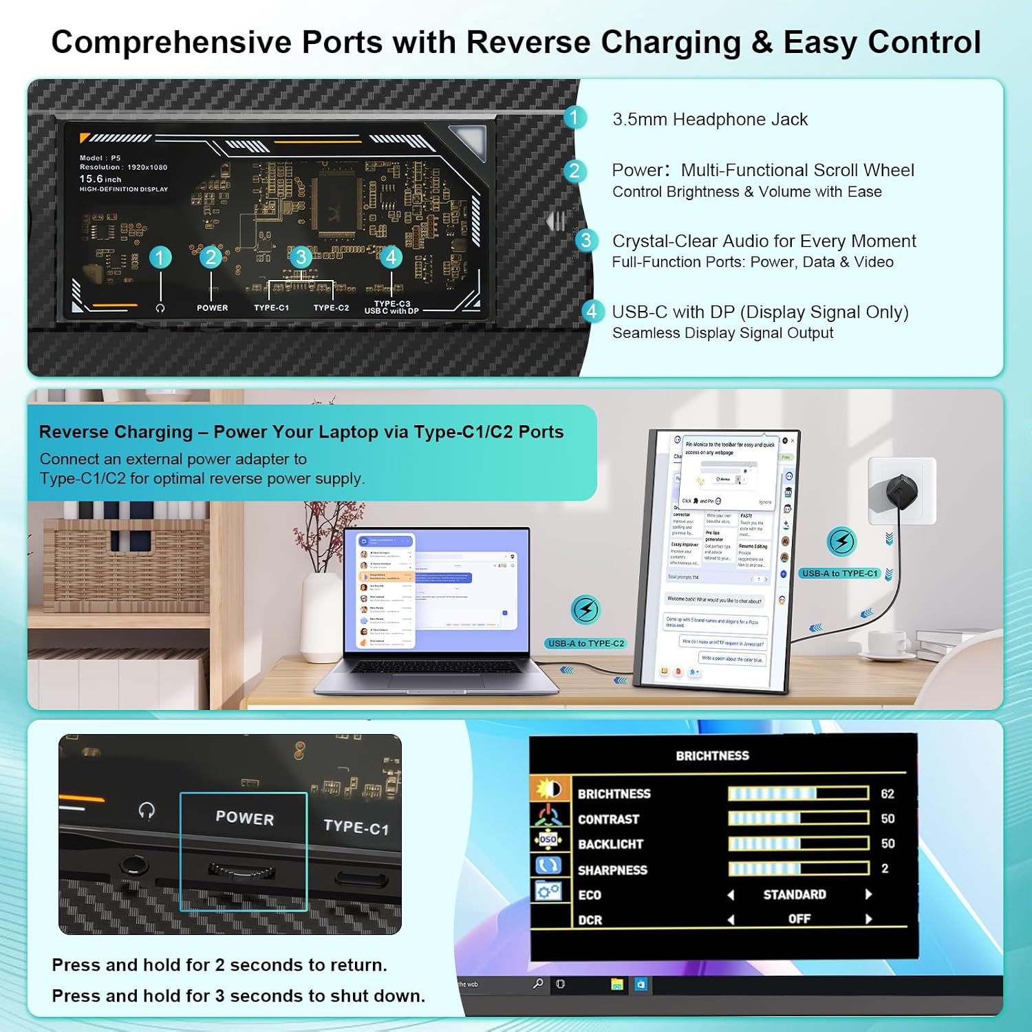 Laptop Screen Extender 15.6', 120% sRGB 1080P FHD Laptop Monitor Extender, Dual Screen for 13-17' Laotop, Plug and Play Portable Monitor with Windows/Mac/Android/Chrome/PS5