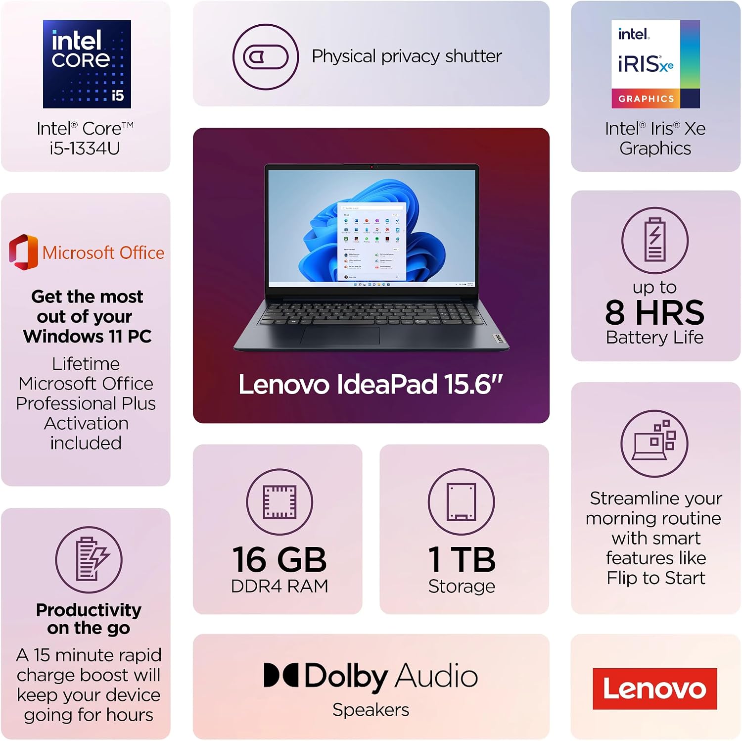 Lenovo IdeaPad Business Laptop, 15.6' FHD Touchscreen, Powerful 10-Core Intel i5-1334U, AI Copilot Computer, 16GB RAM, 1TB Storage (512GB SSD+500GB Ext), HubxcelAccessory, Win 11 Pro, Lifetime Office