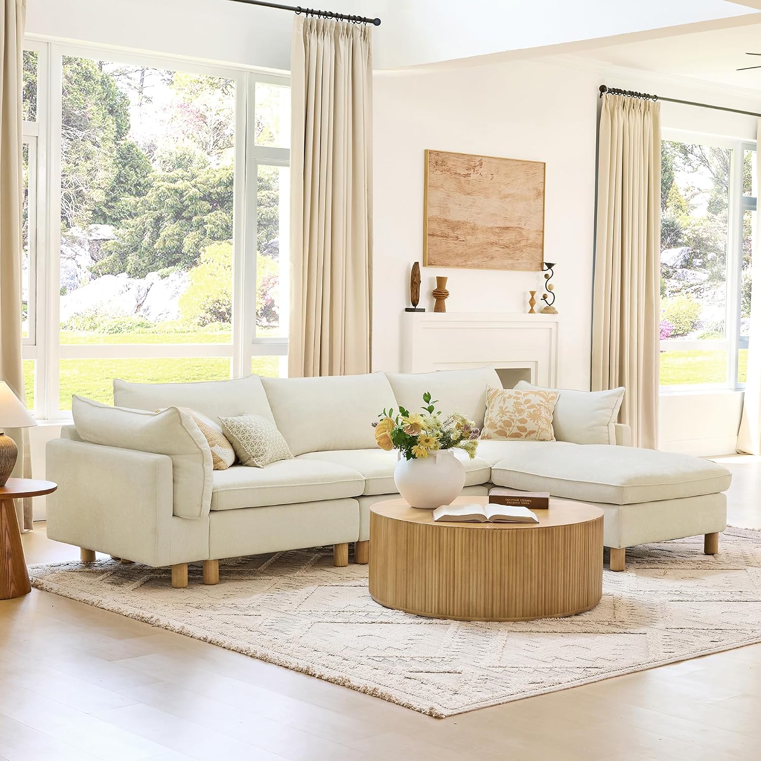 CHITA 127' Super Large Sectional Couches for Living Room, Modular Cloud Couch Sectional Sofa, Premium Fabric Couches, Down Filled, High Density Foam, Chenille in Cream, 4 Seat L Shaped