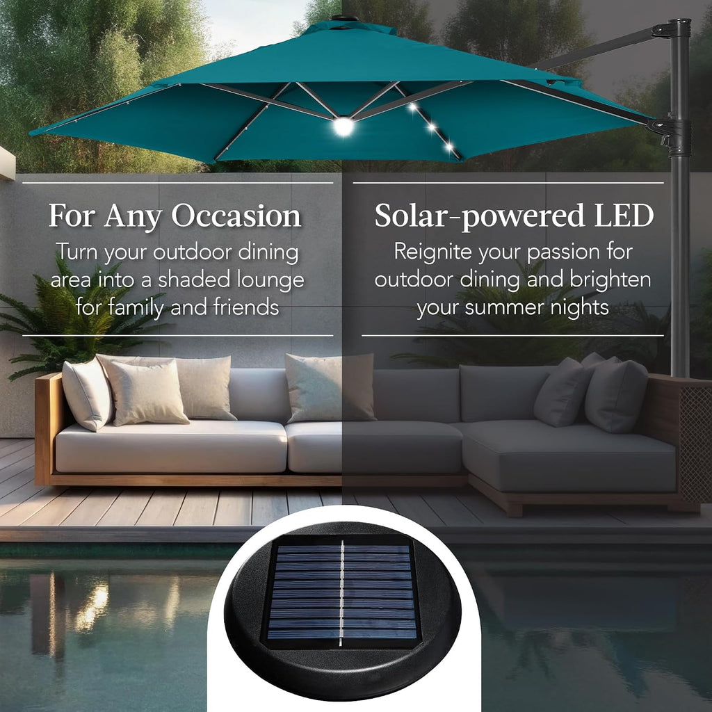Best Choice Products 10ft Solar LED Offset Cantilever Hanging Market Patio Umbrella, Smooth 360° Rotation, 8 Sturdy Ribs, Easy Adjustment - Cerulean
