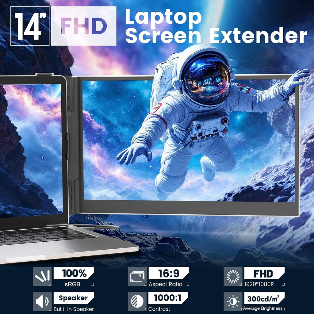 domyfan 14' Laptop Screen Extender, Ultra-Thin Portable Dual Laptop Monitor Extender with FHD 1080P IPS Display, Plug & Play via HDMI/USB-A/Type-C for 13-17' Laptops, Works with Windows/Mac/Android
