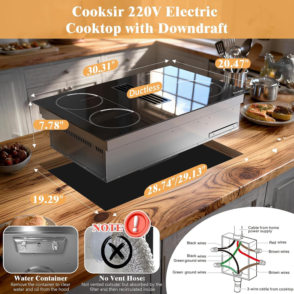 30 Inch Electric Cooktop with Ductless Downdraft - 4 Burner Built-in Stove 7400W, 30' Electric Stove Downdraft Range Hood 135W, Timer, Safety Lock, 220V Hard Wired, Recirculating Air Vent