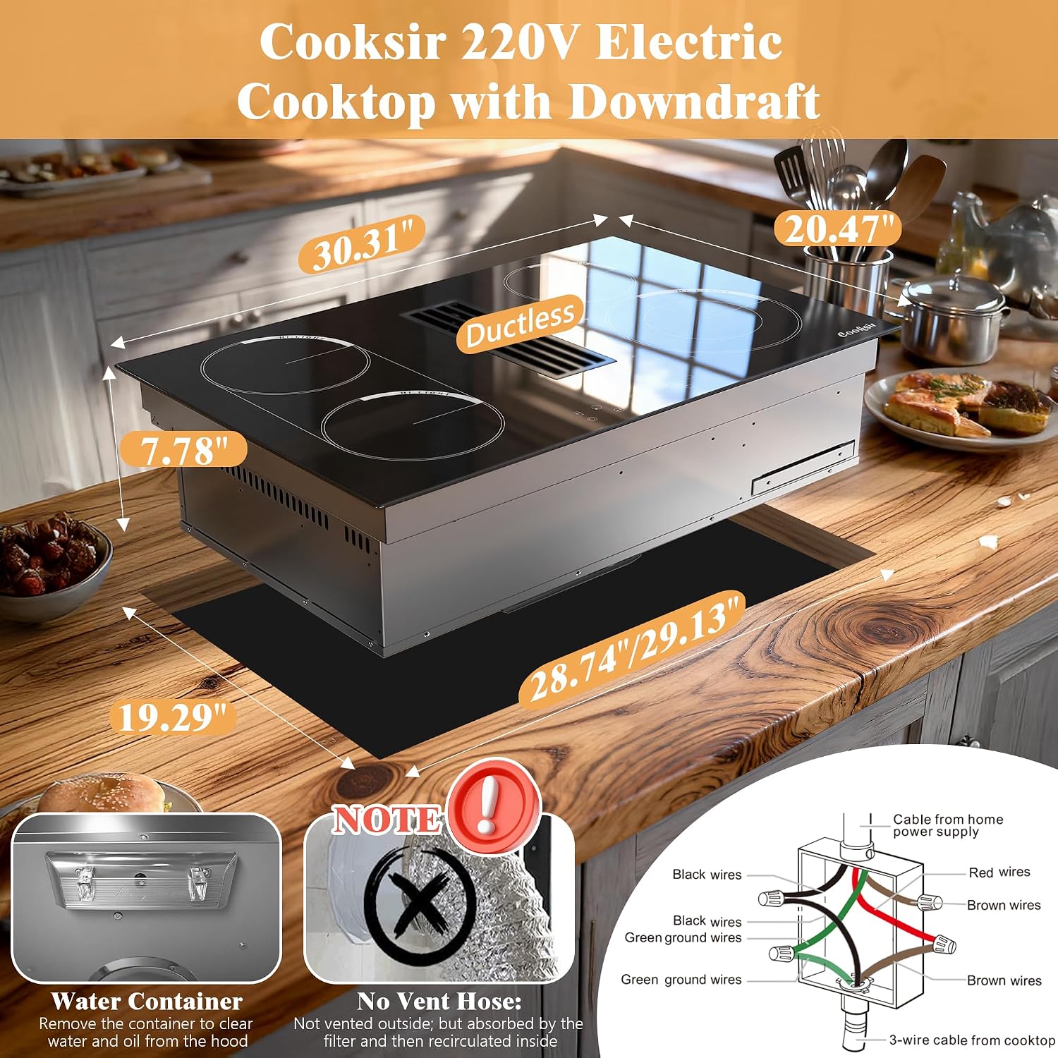30 Inch Electric Cooktop with Ductless Downdraft - 4 Burner Built-in Stove 7400W, 30' Electric Stove Downdraft Range Hood 135W, Timer, Safety Lock, 220V Hard Wired, Recirculating Air Vent