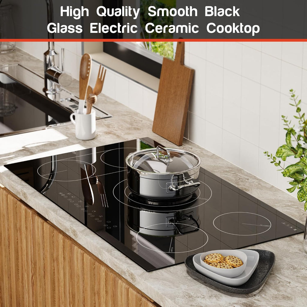 Karinear 36 Inch Electric Cooktop, 5 Burners Electric Stove Top, Flexible Bridge &Triple Ring Expandable Burners, Pause, Timer, Child Safety Lock, 9600W Built-in Ceramic Cooktop for 220-240V Hard Wire