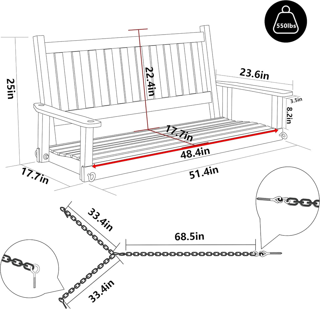 MUPATER Outdoor Patio Hanging Wooden Porch Swing 4FT with Chains, 2-Person Heavy Duty Swing Bench for Garden and Backyard, Wood Brown