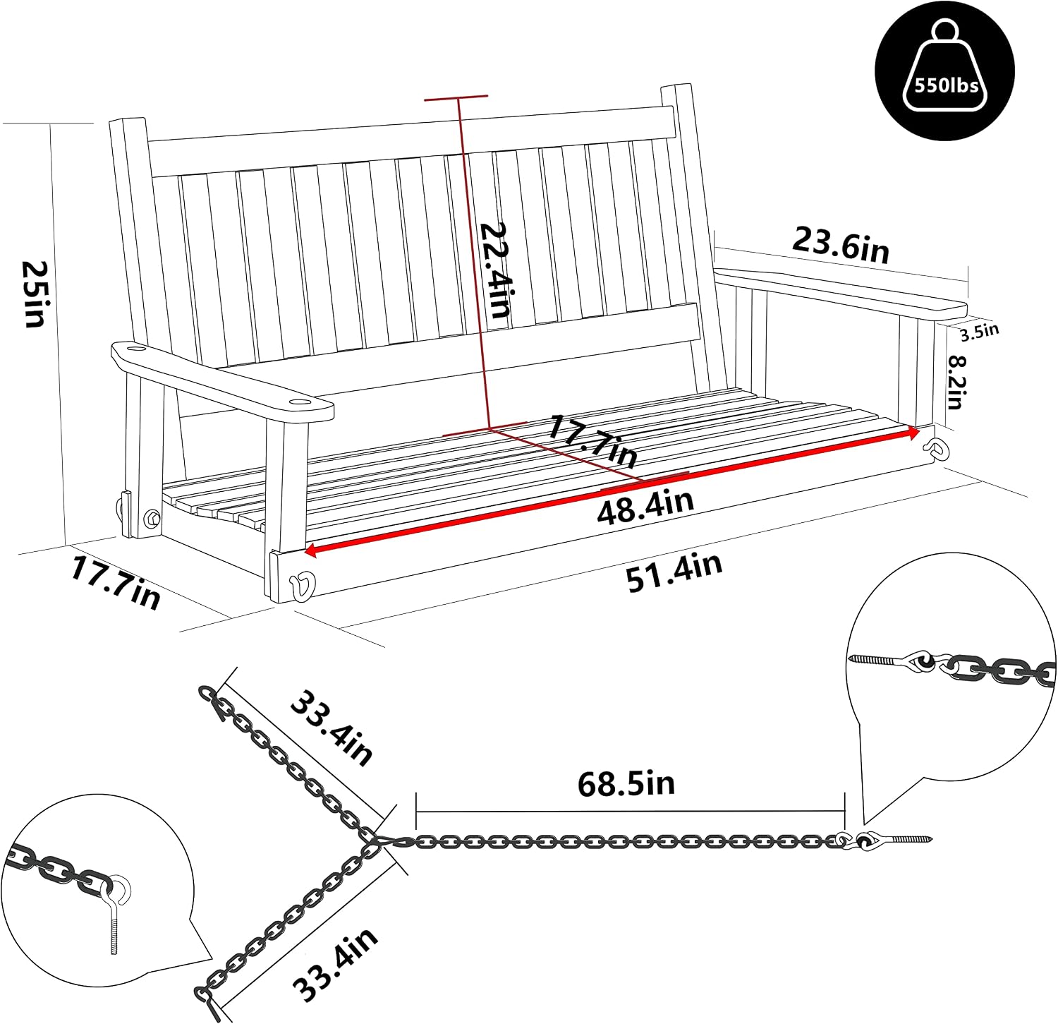 MUPATER Outdoor Patio Hanging Wooden Porch Swing 4FT with Chains, 2-Person Heavy Duty Swing Bench for Garden and Backyard, Wood Brown
