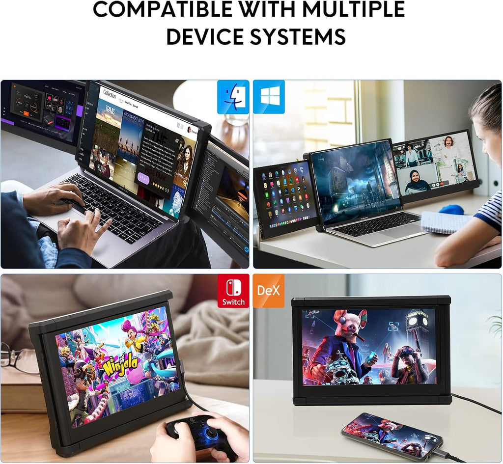 P2 Triple Portable Monitor for Laptop Screen Extender 12 Inch Dual Monitors Extender FHD 1080P IPS Display Type-C/HDMI/USB-A/Speakers for 13-16 Inch Notebook Computer Windows Mac Phone