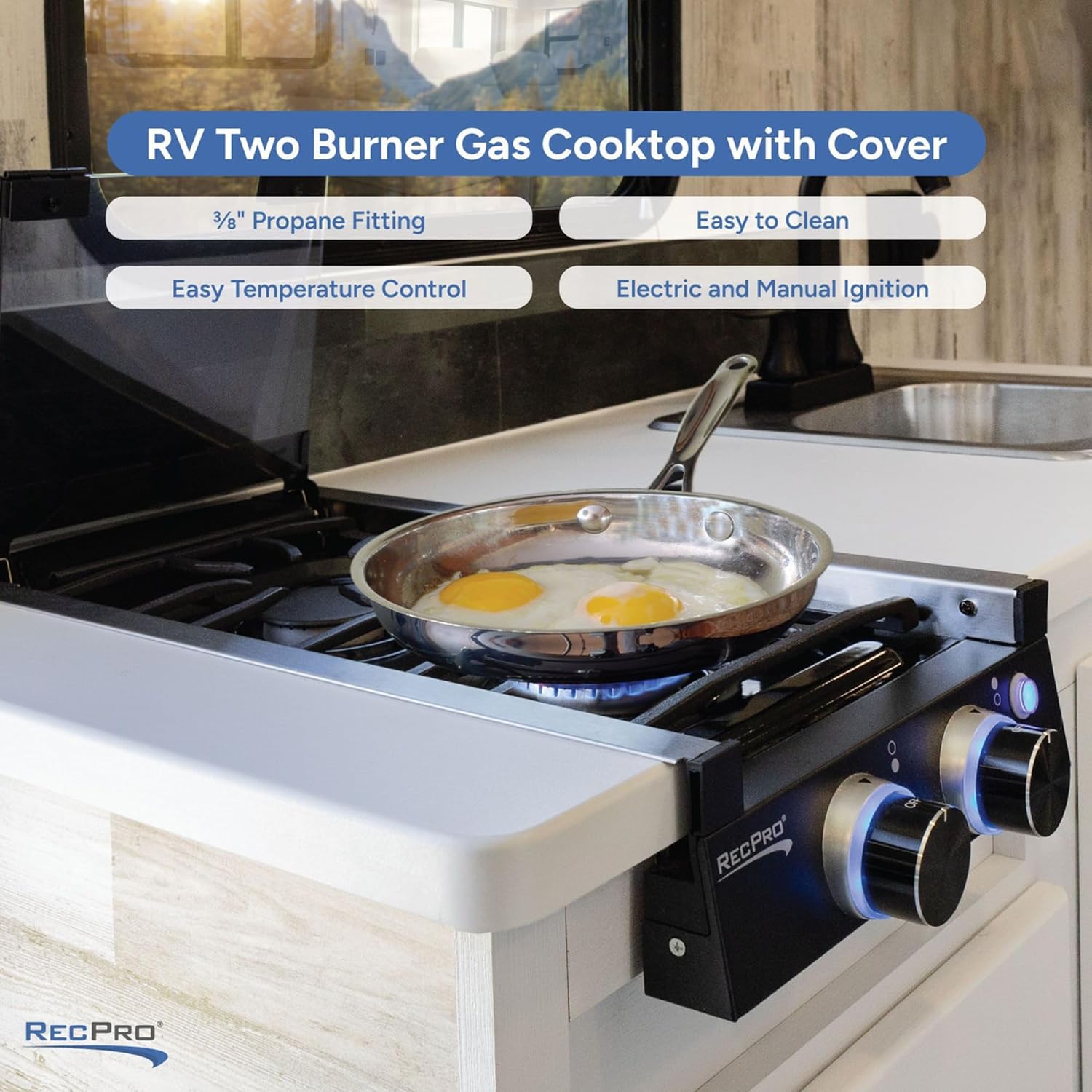 RecPro RV Built In Gas Cooktop | 2 Burner or 3 Burner | RV Cooktop Stove | 6,500 and 8,000 BTU Burners | Cover Included (Stainless Steel, 2-Burner)
