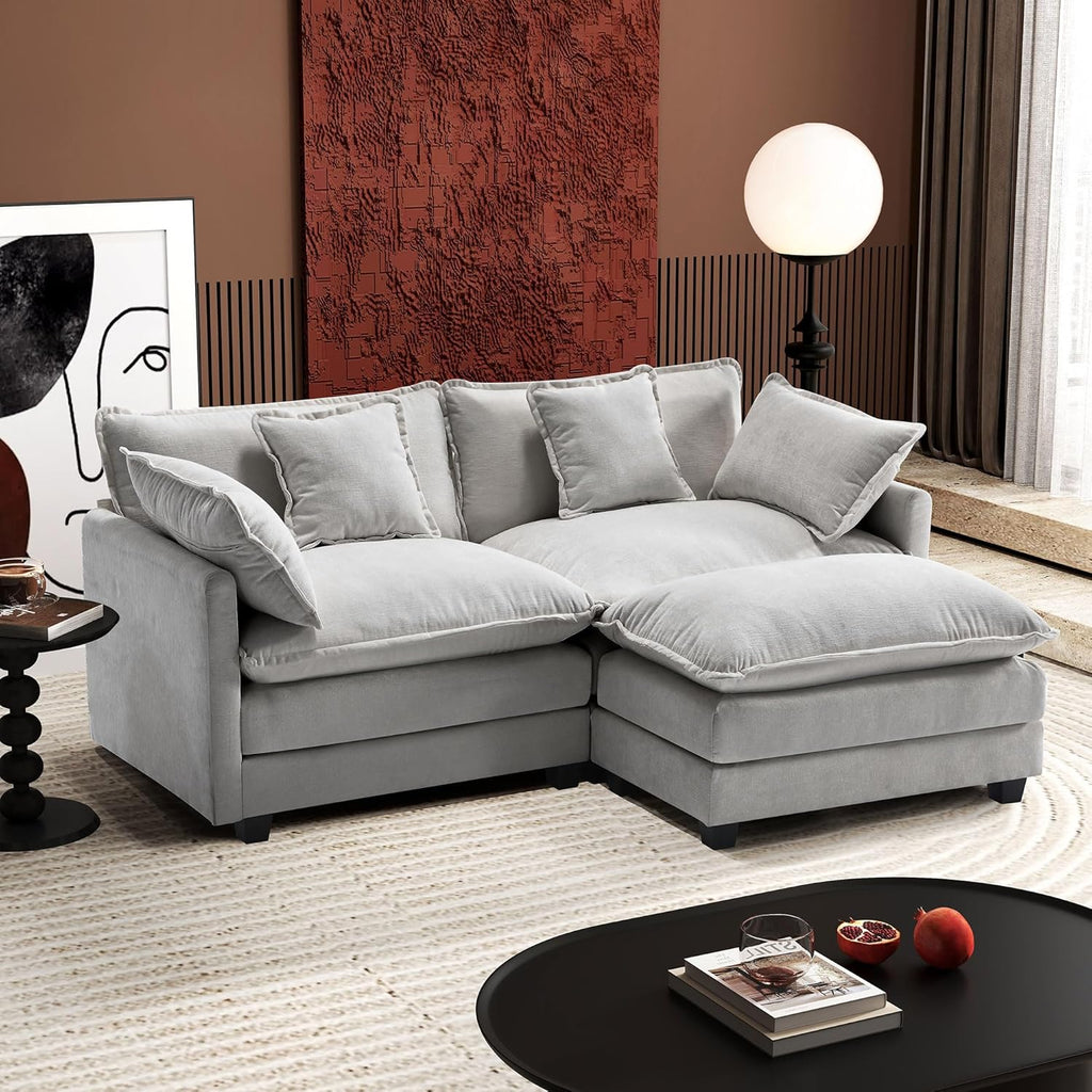 Ihanherry 77' L Shaped Modern Sofa Modular Sectional Cloud Couch with Ottoman, 3-Seat Chenille Deep Seat Sofa with Pillow for Living Room, Bedroom and Apartment, Grey