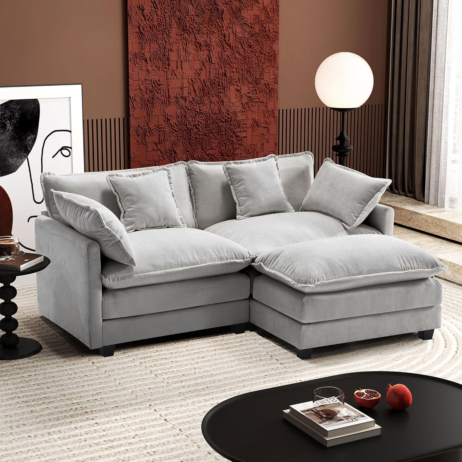 Ihanherry 77' L Shaped Modern Sofa Modular Sectional Cloud Couch with Ottoman, 3-Seat Chenille Deep Seat Sofa with Pillow for Living Room, Bedroom and Apartment, Grey