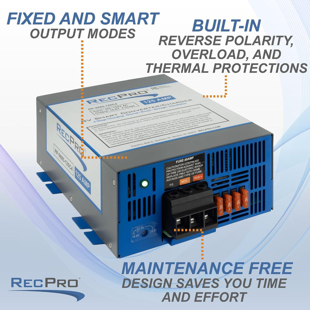 RecPro RV Converter 125 Amp | RV Power Converter & Battery Charger | 4 Stage Smart Charging | 120VAC to 12VDC | 13V to 16.5V Operating Range