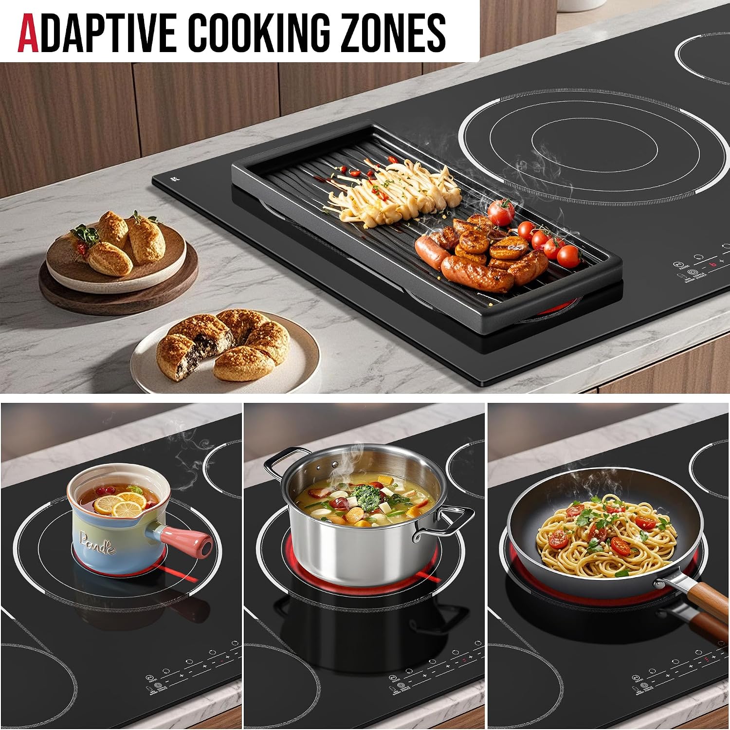 5 Burner Electric Cooktop, 36 Inch Electric Stovetop 9600W, Built-in Ceramic Hob with BBQ Burner, Touch Control, Child Safety Lock, Timer, Pause, 220-240V, Hard Wire, No Plug