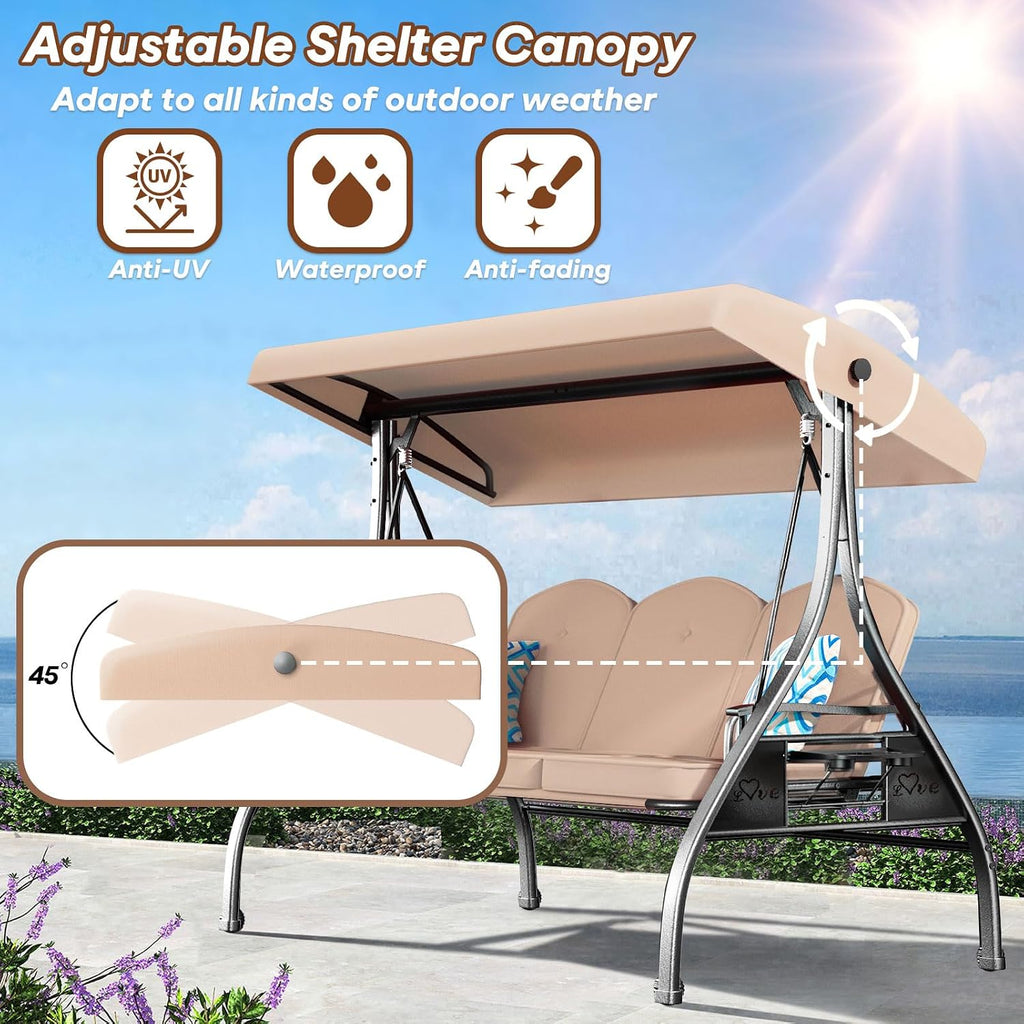ZZW 3 Seat Outdoor Porch Patio Swing with Stand 800lbs 2-in-1 Convertible Swing Bed with Adjustable Canopy & Removable Cushion for Yard Garden Deck (Khaki, Round Tube)