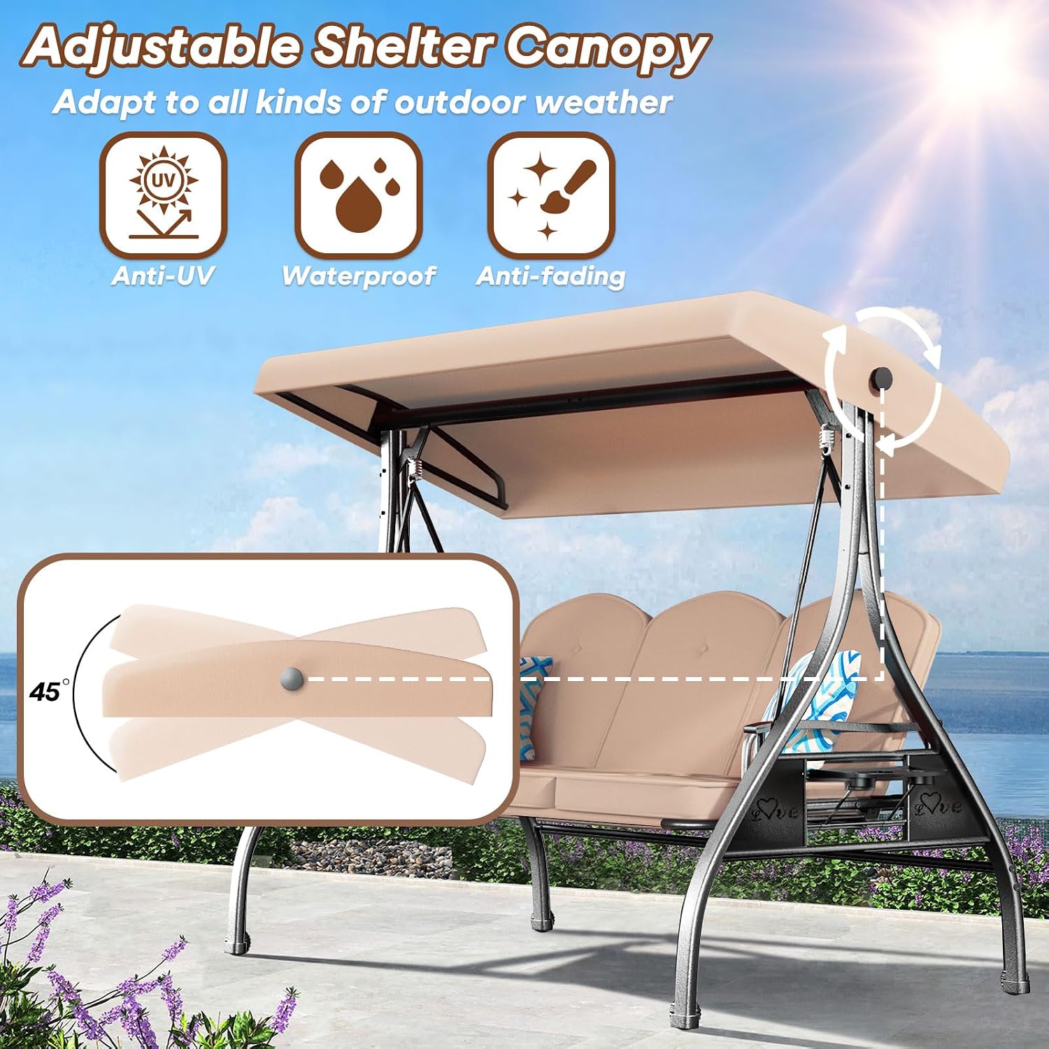 ZZW 3 Seat Outdoor Porch Patio Swing with Stand 800lbs 2-in-1 Convertible Swing Bed with Adjustable Canopy & Removable Cushion for Yard Garden Deck (Khaki, Round Tube)