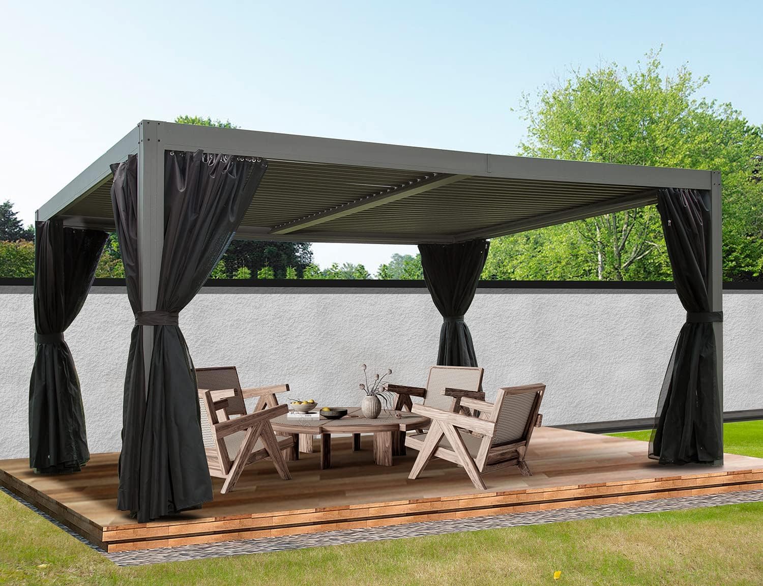 Domi Outdoor Pergola 10' × 13', Aluminium Louvered Pergola with Adjustable Roof, Curtains and Netting, Hardtop Gazebo for Patio, Deck, Garden, Yard, Beach(Gray)
